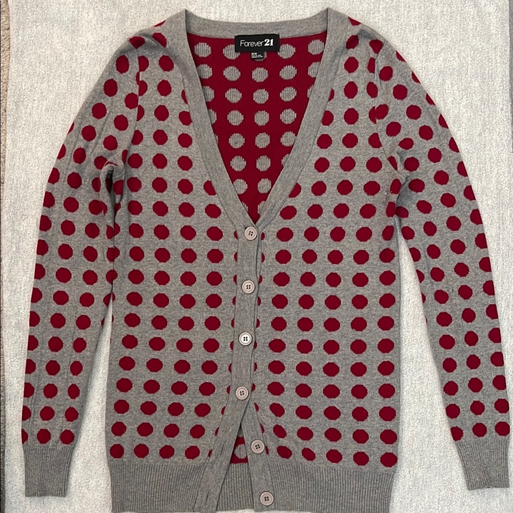 Forever 21 Gray Cardigan with Red Polka Dots